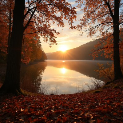 Serene lake at sunset amid autumn trees
