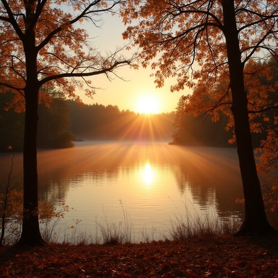 Sunset over calm lake surrounded by autumn trees