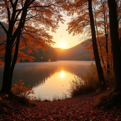 Beautiful sunset over calm lake in autumn forest