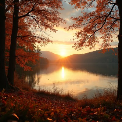 Sunset over calm lake surrounded by autumn trees