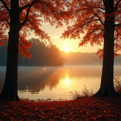 Autumn sunrise over tranquil lake with vibrant trees