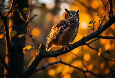 Owl perched on branch during sunset in a forest