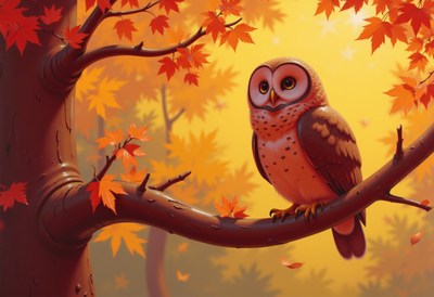 Brown owl perched on a tree in autumn foliage