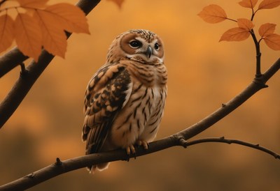 Beautiful owl perched on a branch during autumn sunset