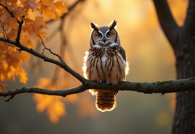 Owl perched on branch during autumn sunset