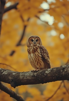 Owl perched on branch amid autumn foliage