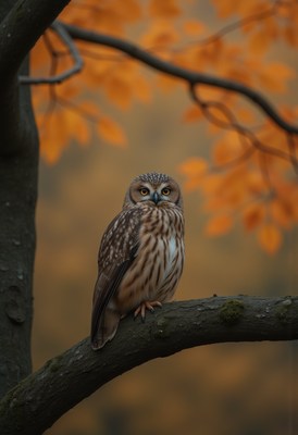 Owl perched on a branch amid autumn leaves