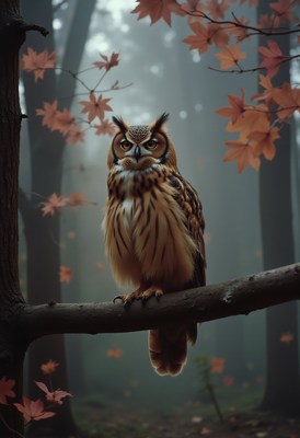 Majestic owl perched on branch in misty forest