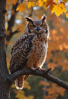 Great horned owl perches on branch in autumn forest