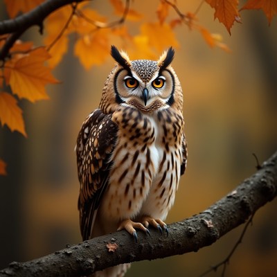 Owl perched on branch surrounded by autumn leaves