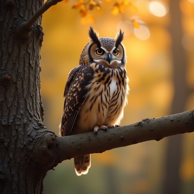 Majestic owl perched on a branch in autumn woods