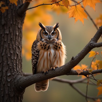 Beautiful owl perched on a branch with autumn leaves