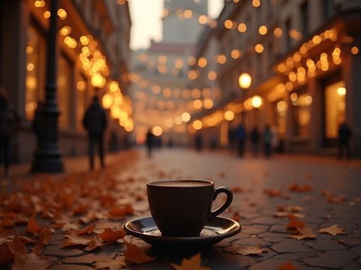 Coffee on a plate in a cozy autumn street setting