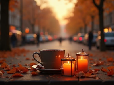 Warm autumn evening with coffee and candles on the street