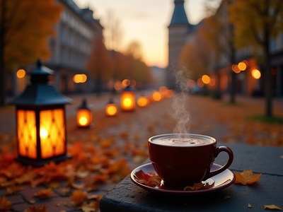 Warm cup of coffee at dusk in autumn park