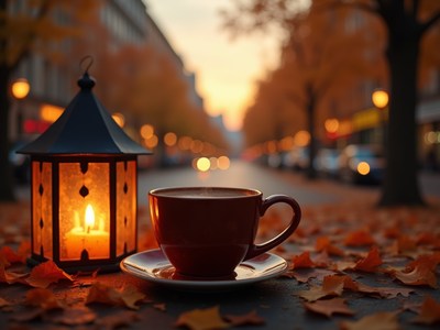 Warm cup and lantern on a tranquil autumn street