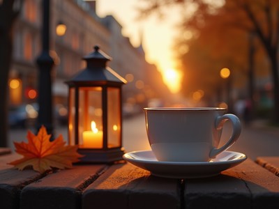 Sunset moments with coffee and lantern on autumn street