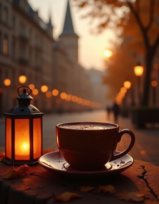 Cozy cup of coffee on a quiet autumn street