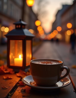 Cozy coffee moment on a serene evening in the city
