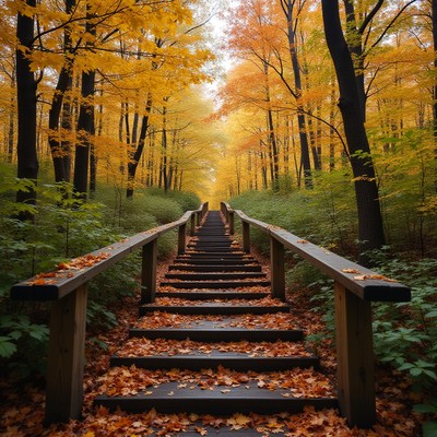 Staircase through colorful autumn forest path