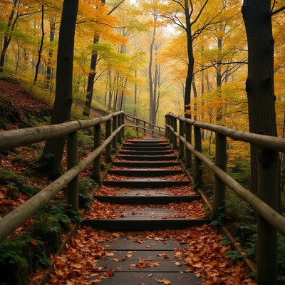 Vibrant autumn path in a serene forest setting