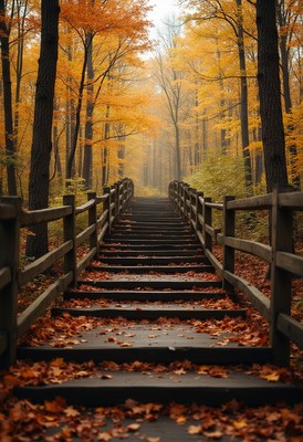 Stairs through a foggy autumn forest