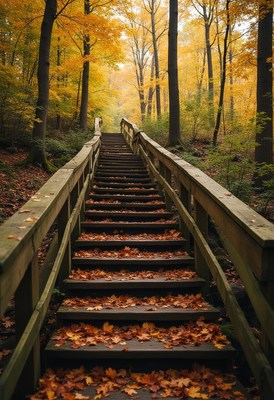 Beautiful wooden stairs through autumn forest trail