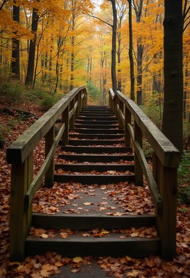 Stairs lead through colorful autumn forest