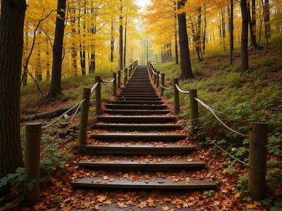 Wooden stairs lead through autumn forest in golden hues