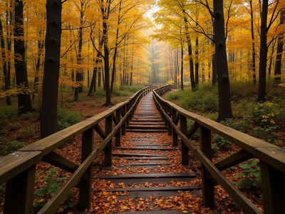 Pathway through golden autumn forest