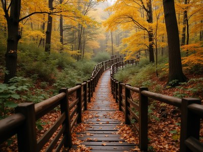 Wooden path winding through autumn forest with golden leaves