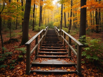 Walkway through autumn forest with vibrant leaves