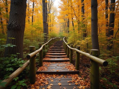 Autumn path through vibrant forest foliage