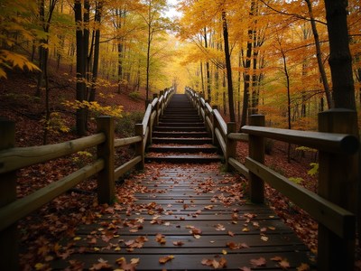 Wooden stairs with autumn leaves in a serene forest