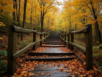 Colorful autumn forest path with wooden steps and leaves