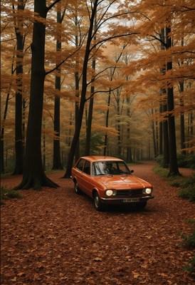 Vintage car driving through autumn forest trail