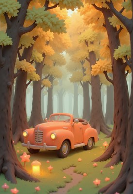 Classic convertible in a serene autumn forest setting