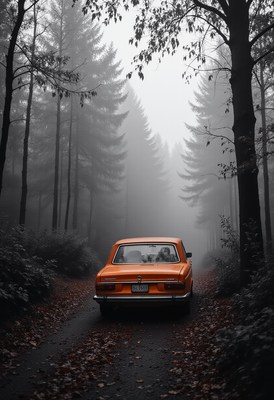 Vibrant orange car drives through foggy forest road