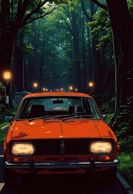 Classic orange car on a forested road at dusk