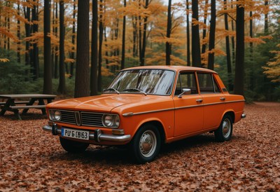 Classic orange car parked among autumn leaves in forest