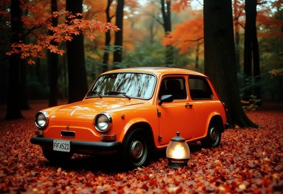 Vintage orange car in a beautiful autumn forest