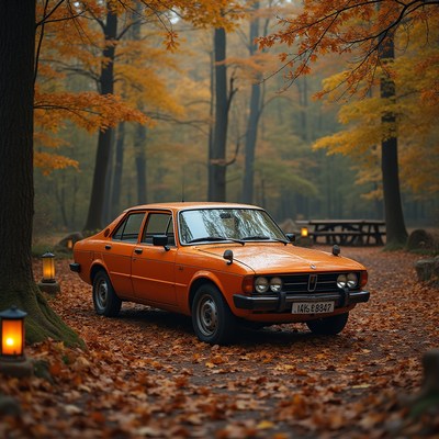 Classic orange car among autumn foliage in the forest