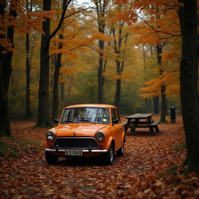 Classic orange car parked among autumn trees