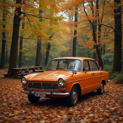 Vintage orange car parked in an autumn forest