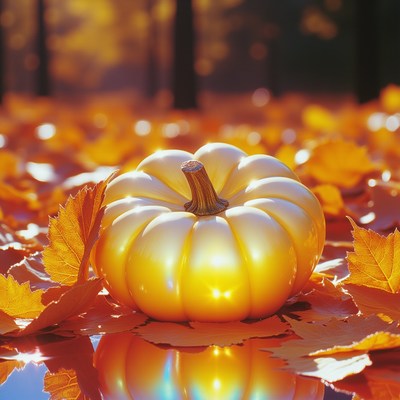 Golden pumpkin nestled among autumn leaves in a forest