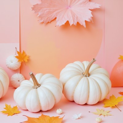 Seasonal display of white pumpkins with autumn leaves
