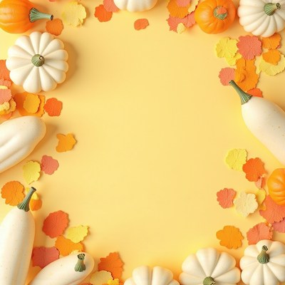 Autumn harvest with white and orange pumpkins on yellow