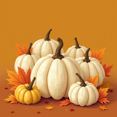 White pumpkins and autumn leaves create a seasonal display