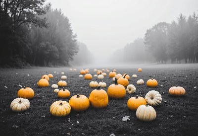 Pumpkins scattered in a foggy pumpkin patch at dawn