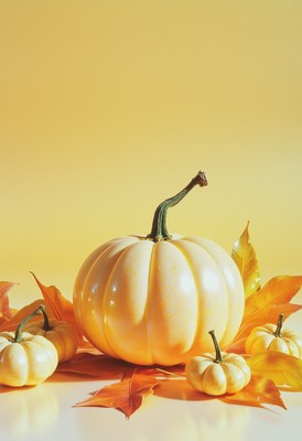 Autumn pumpkins arranged with vibrant yellow leaves